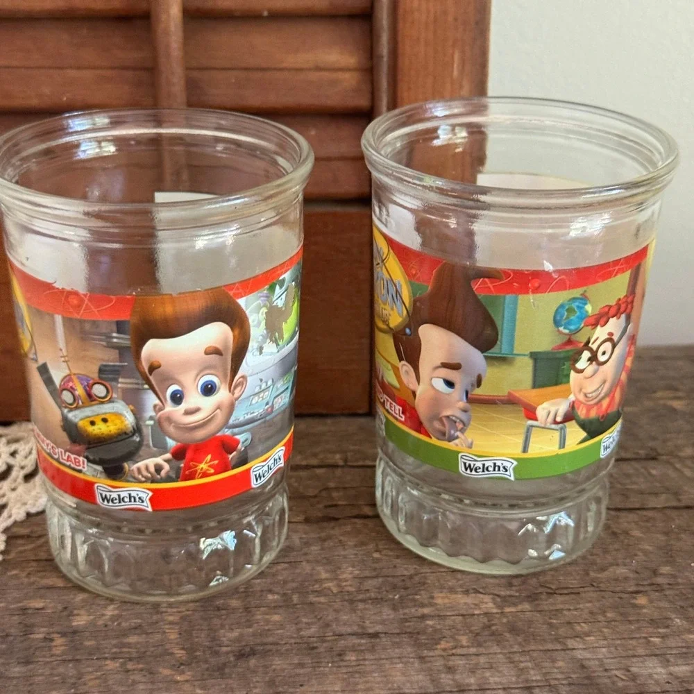 Welch's Jimmy Neutron Boy Genius Jelly Jar Glasses Set of 2 Vintage 2002 Nick